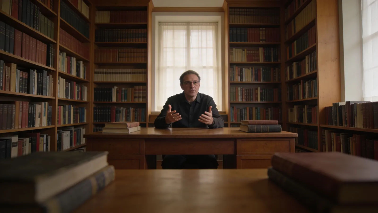 Documentary study with books, figure mid-explanation