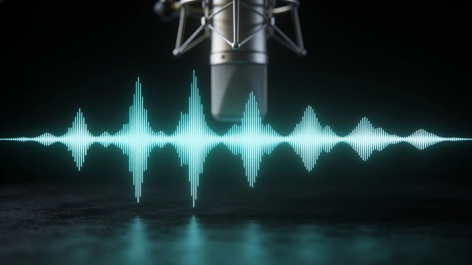 Clean teal waveform with blurred studio microphone