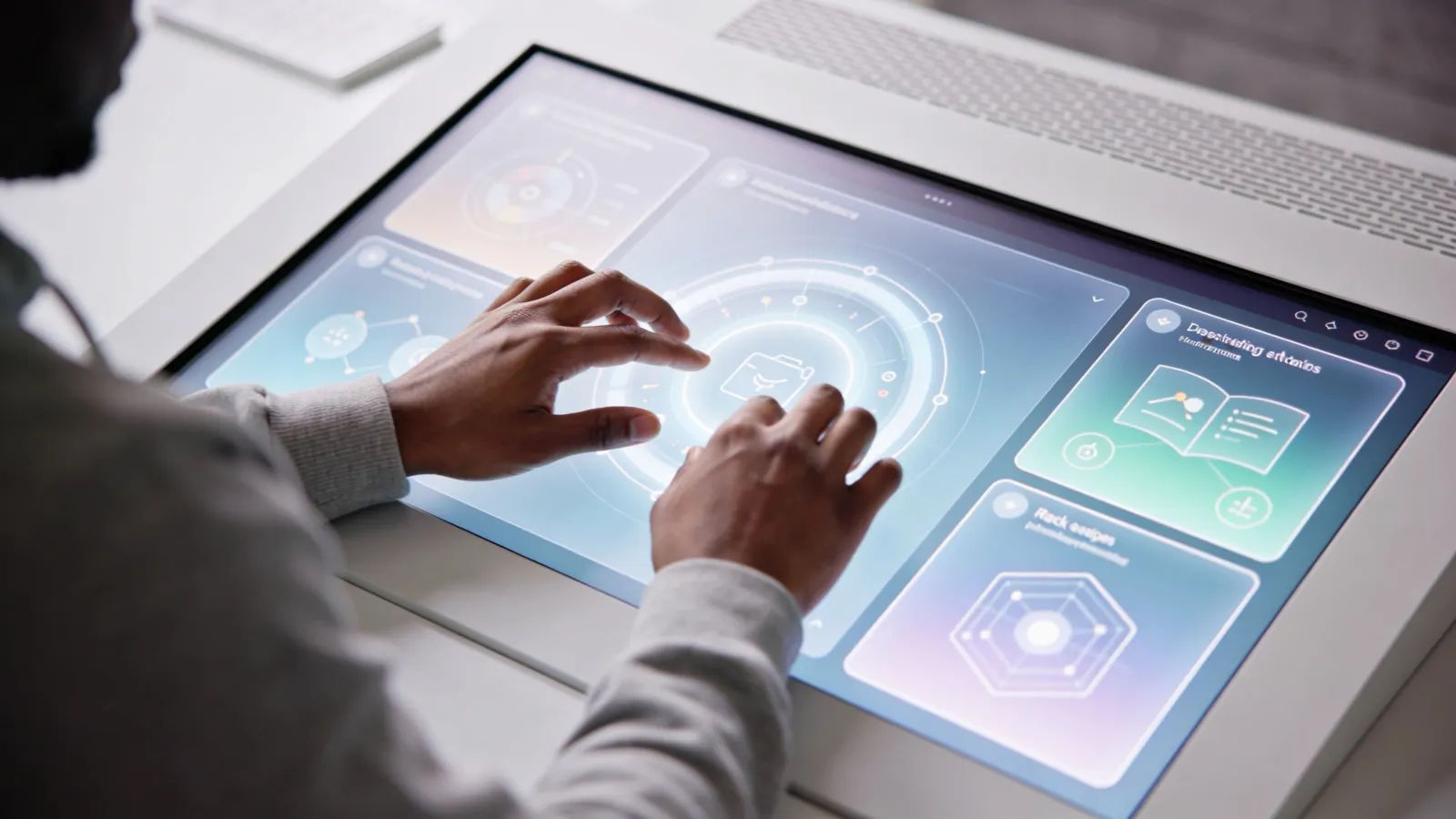 Hands at bright console with glowing audio interface