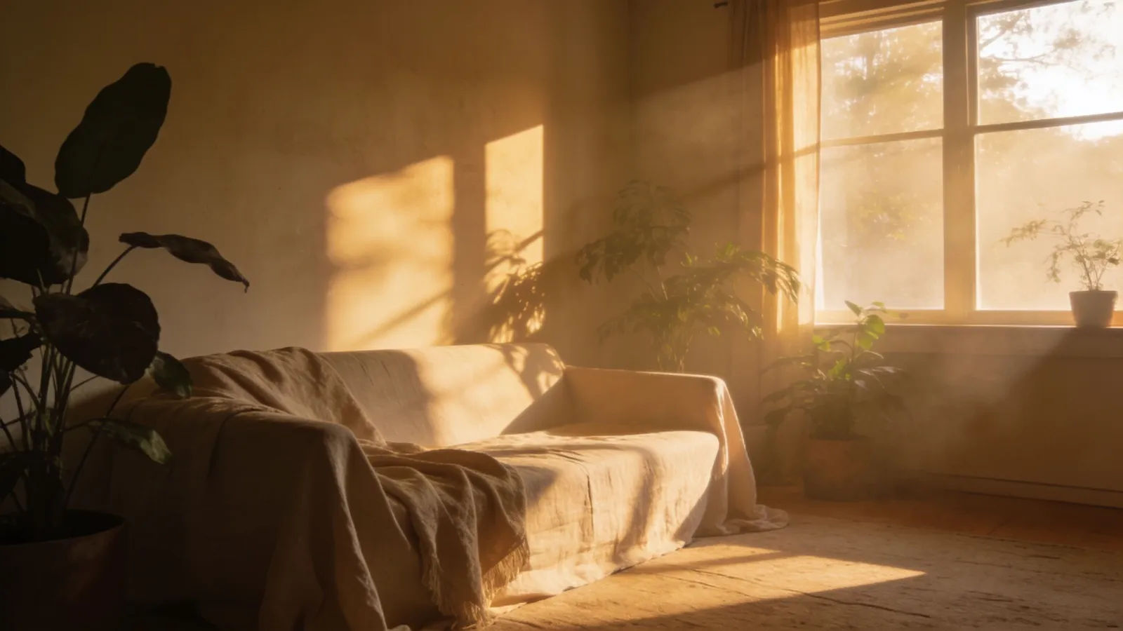 Sunlit minimalist living space at golden hour with plants
