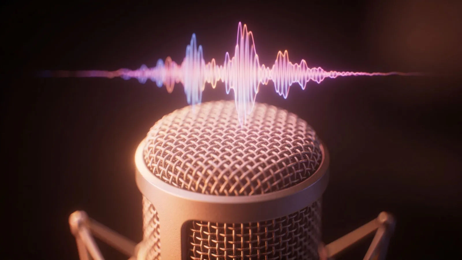 Soft-lit podcast microphone with gentle pastel waveform
