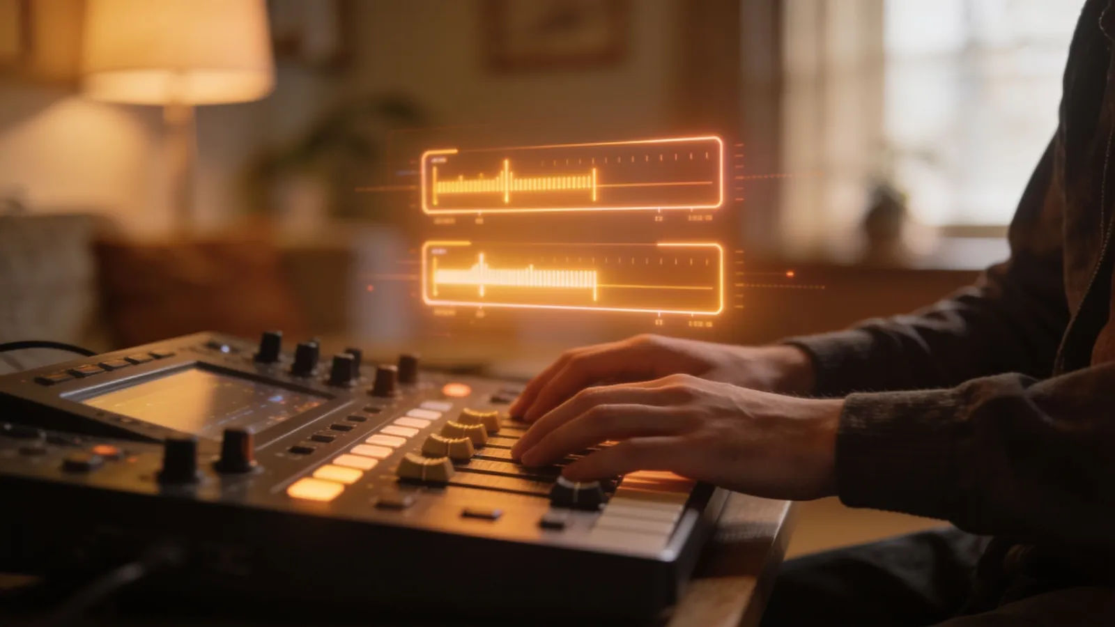 Hands at a console with glowing soft-amber audio UI