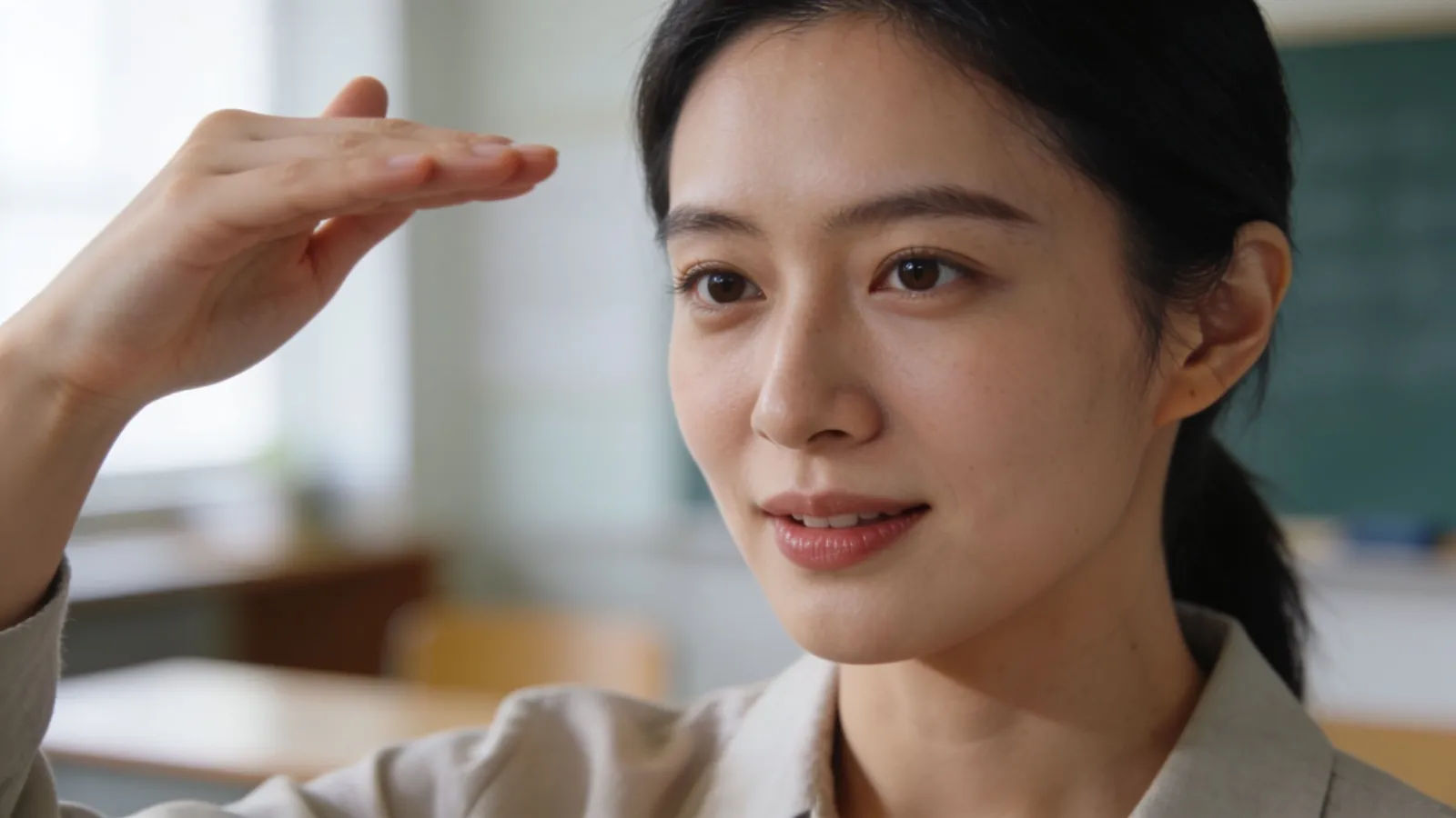 Encouraging teacher gesturing patiently in portrait