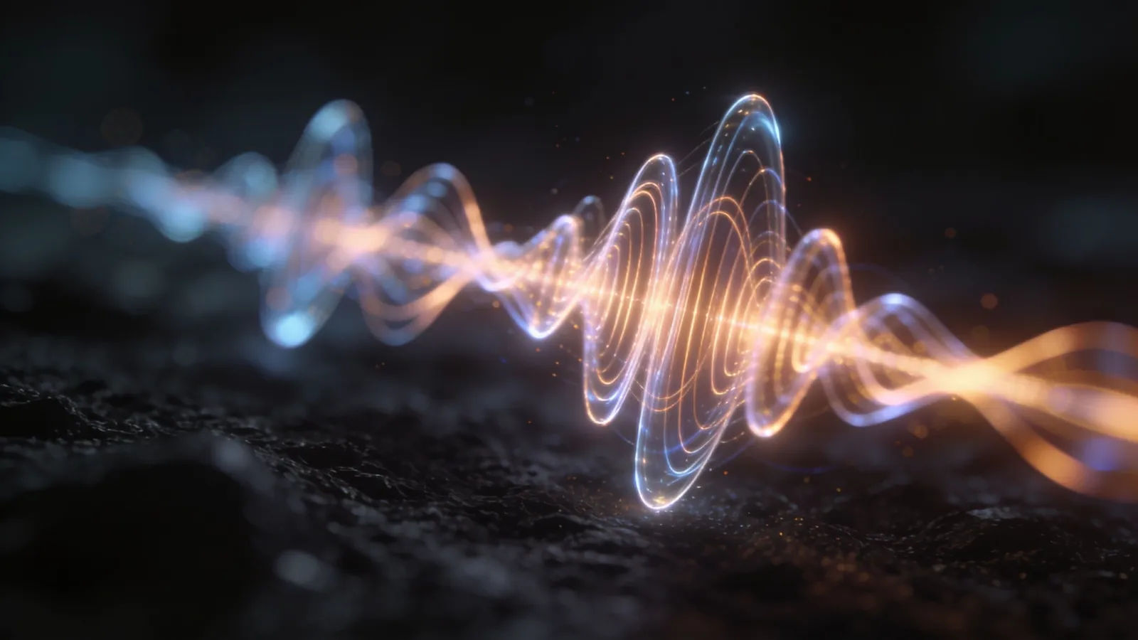Clear glowing soundwave with abstract phonetic motifs