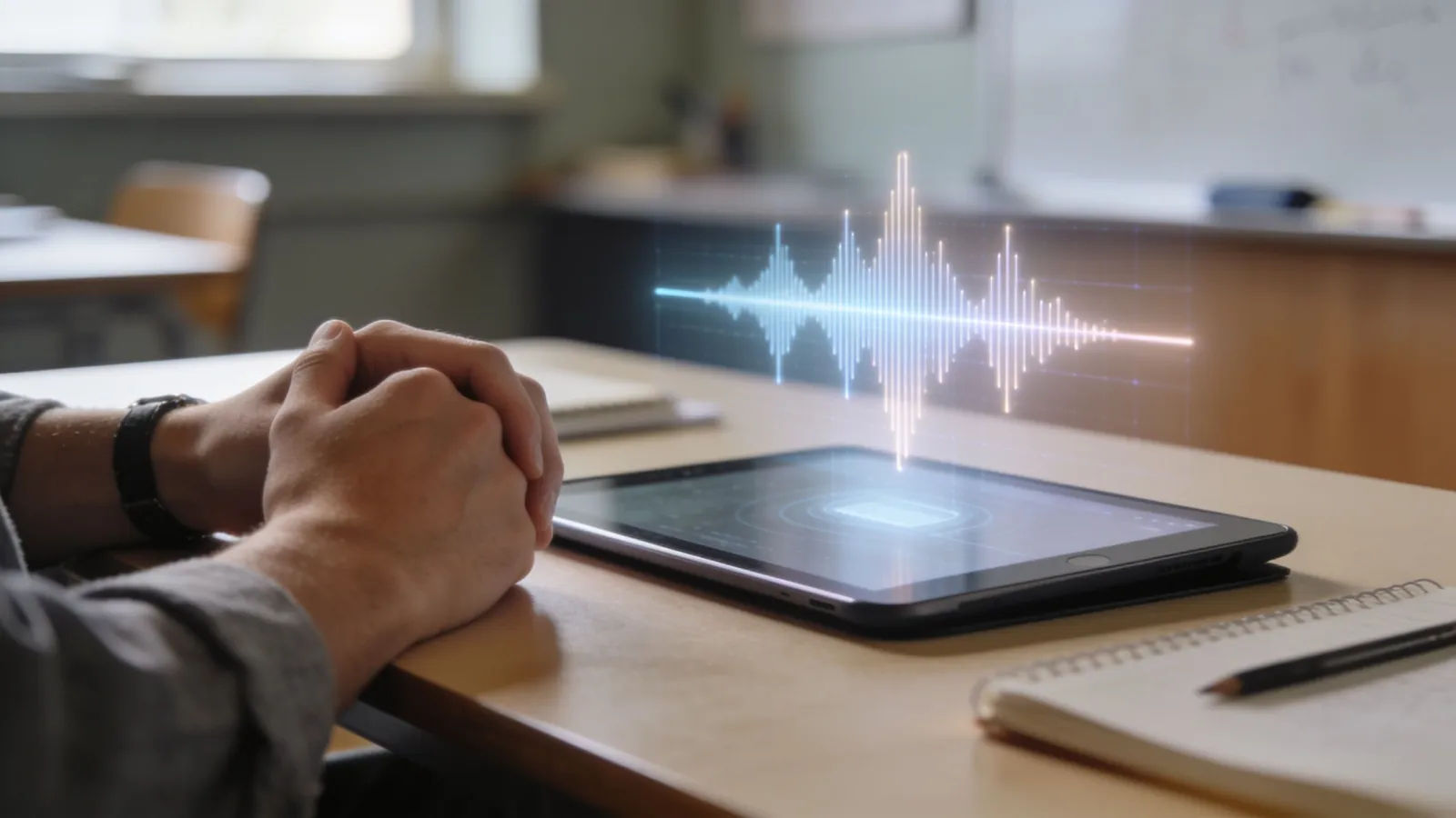 Tutor hands at a tablet with audio interface