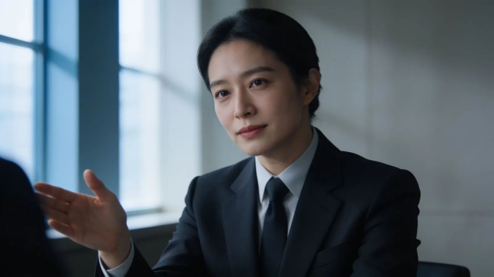 Poised attorney in a dark suit mid-argument