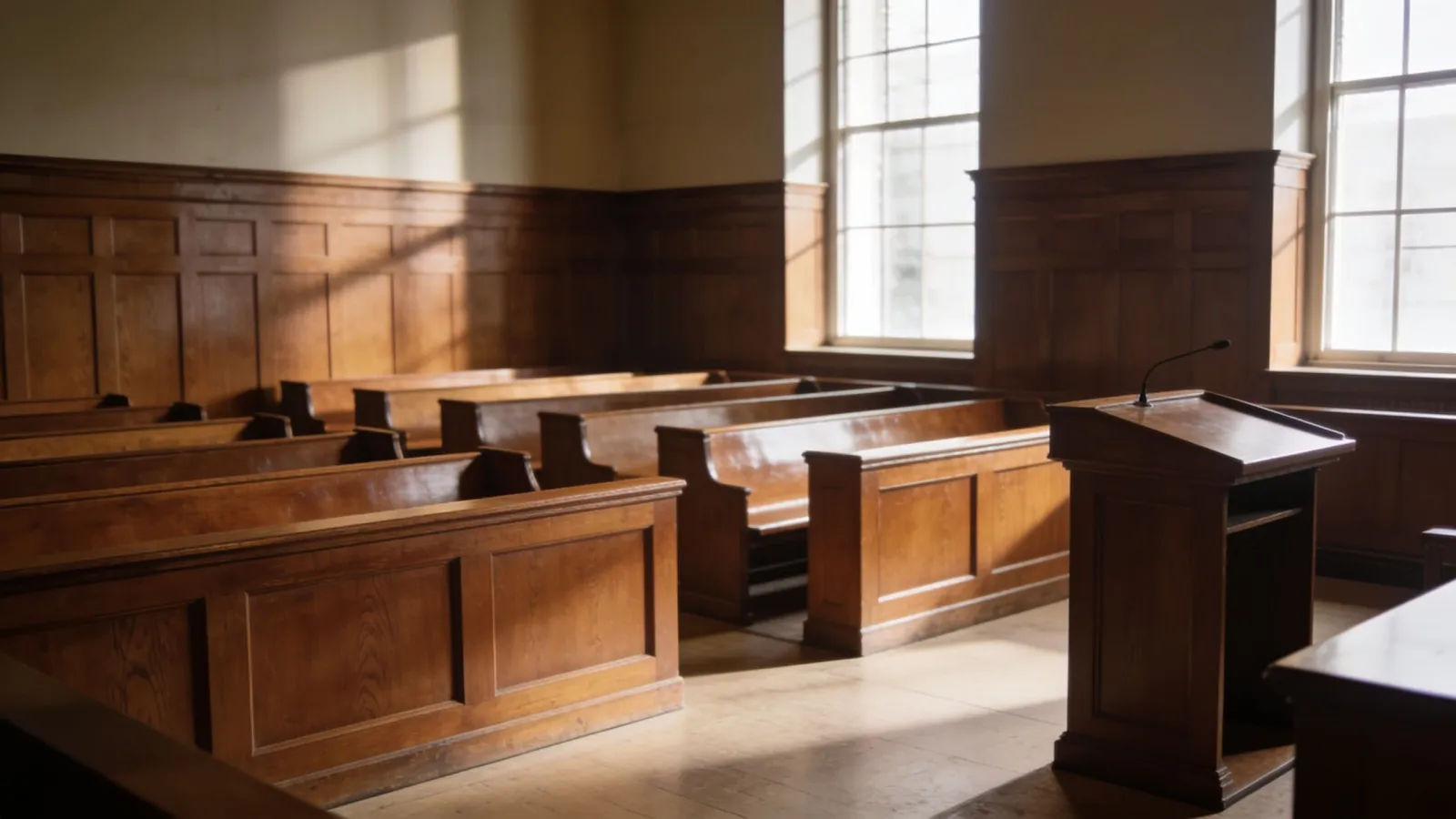 Empty wood-paneled courtroom with light through tall windows