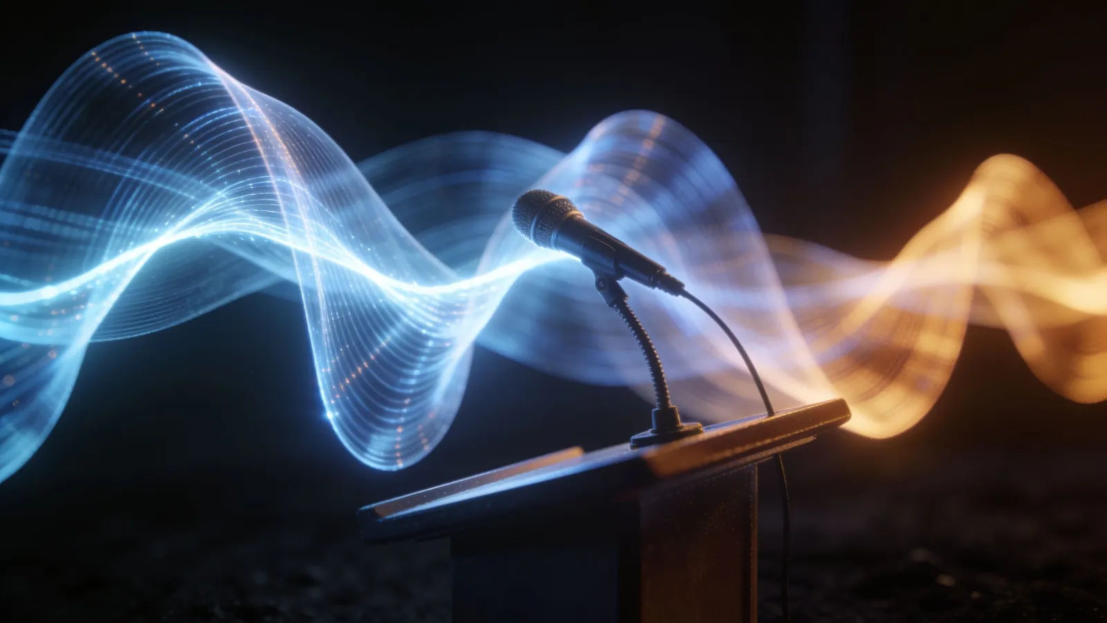 Glowing waveform over a microphone on a lectern