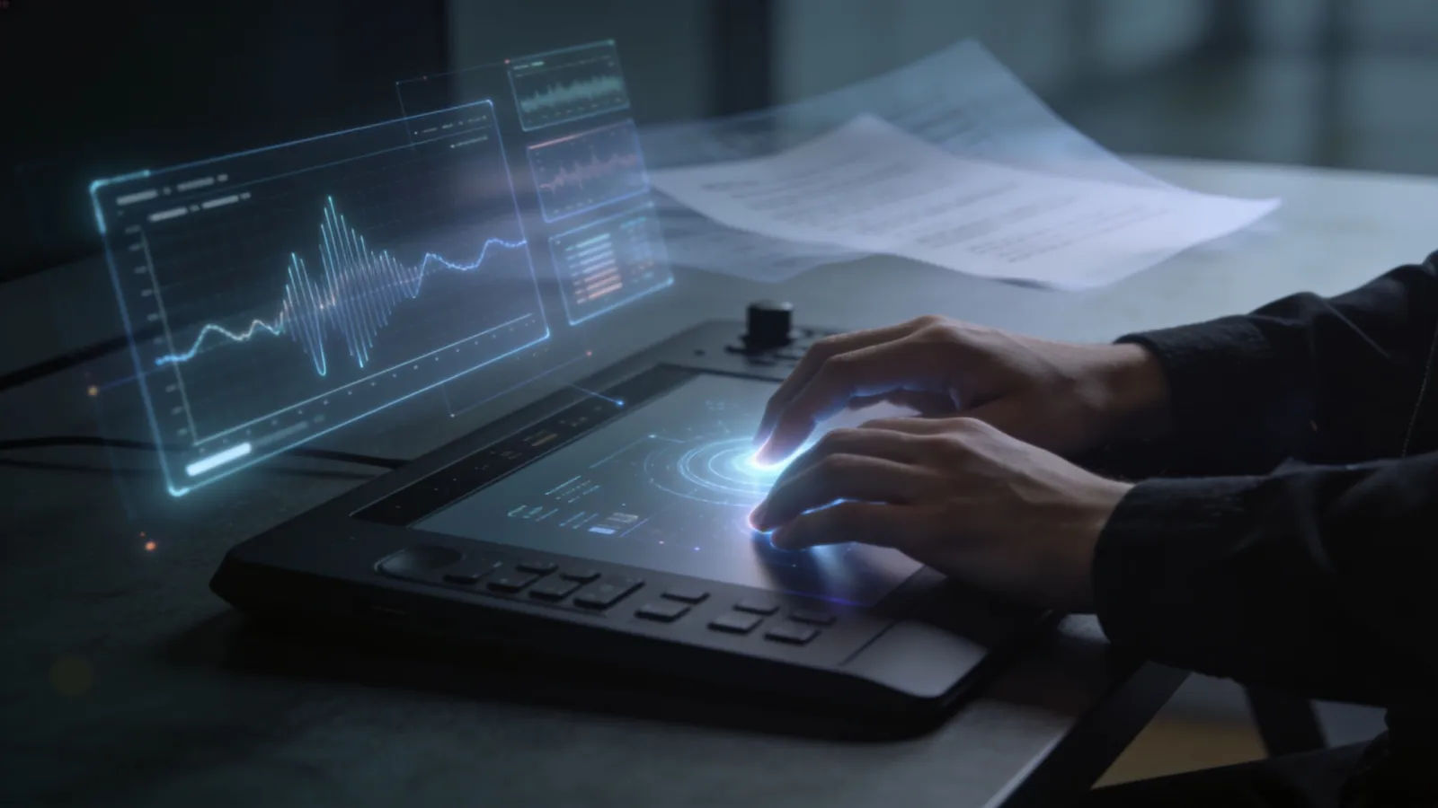 Hands at a console with audio UI and document texture