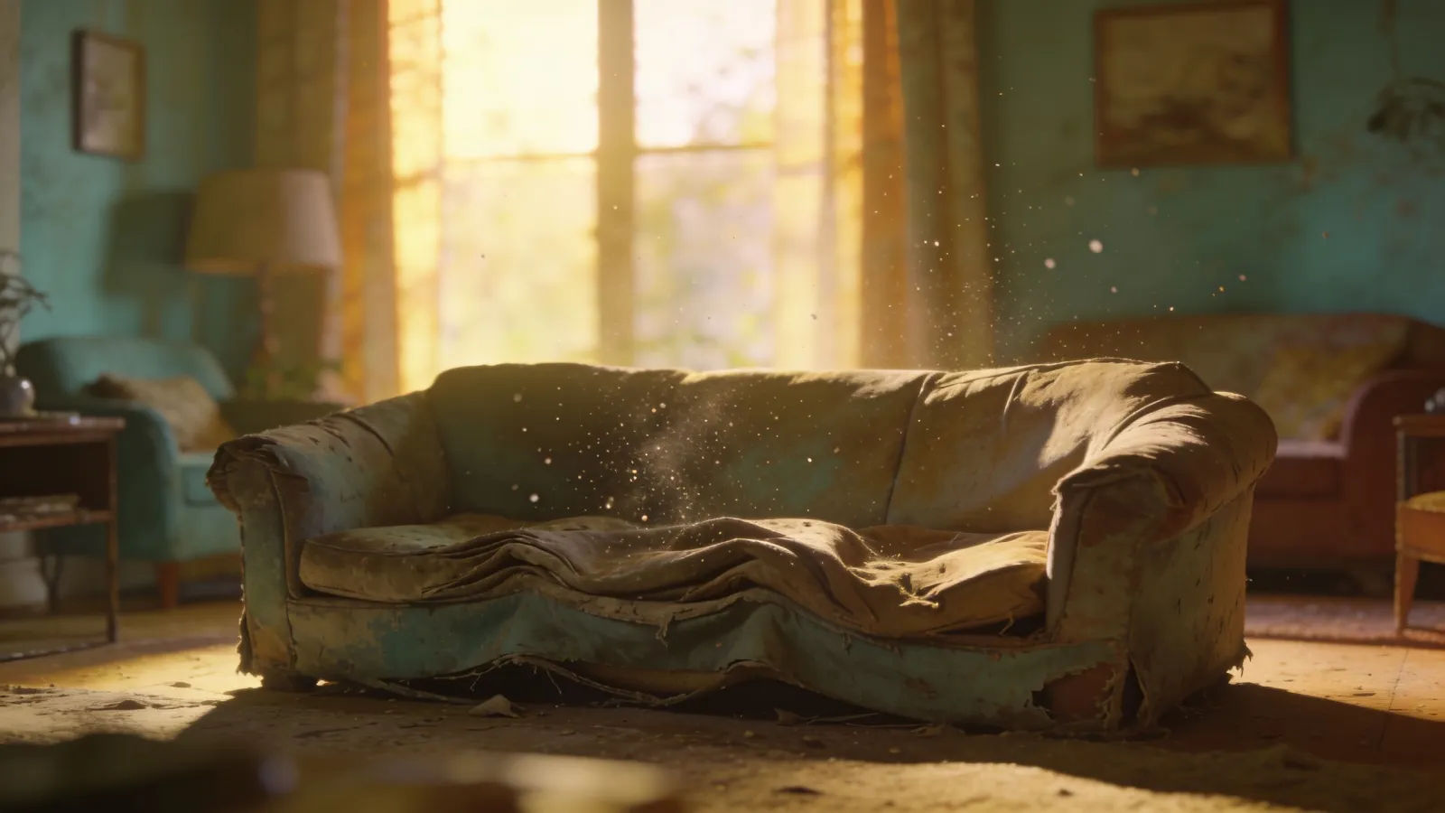 Cozy living room couch in golden light