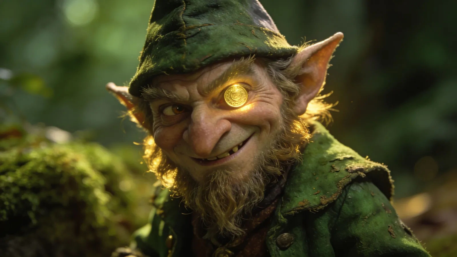 Sly folklore trickster in green coat and cap