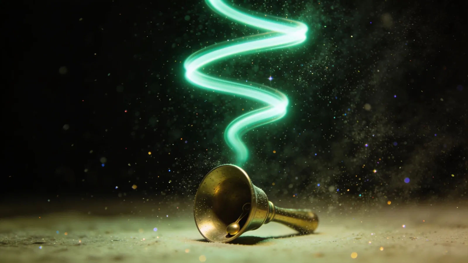 Emerald waveform of light above a hand-bell