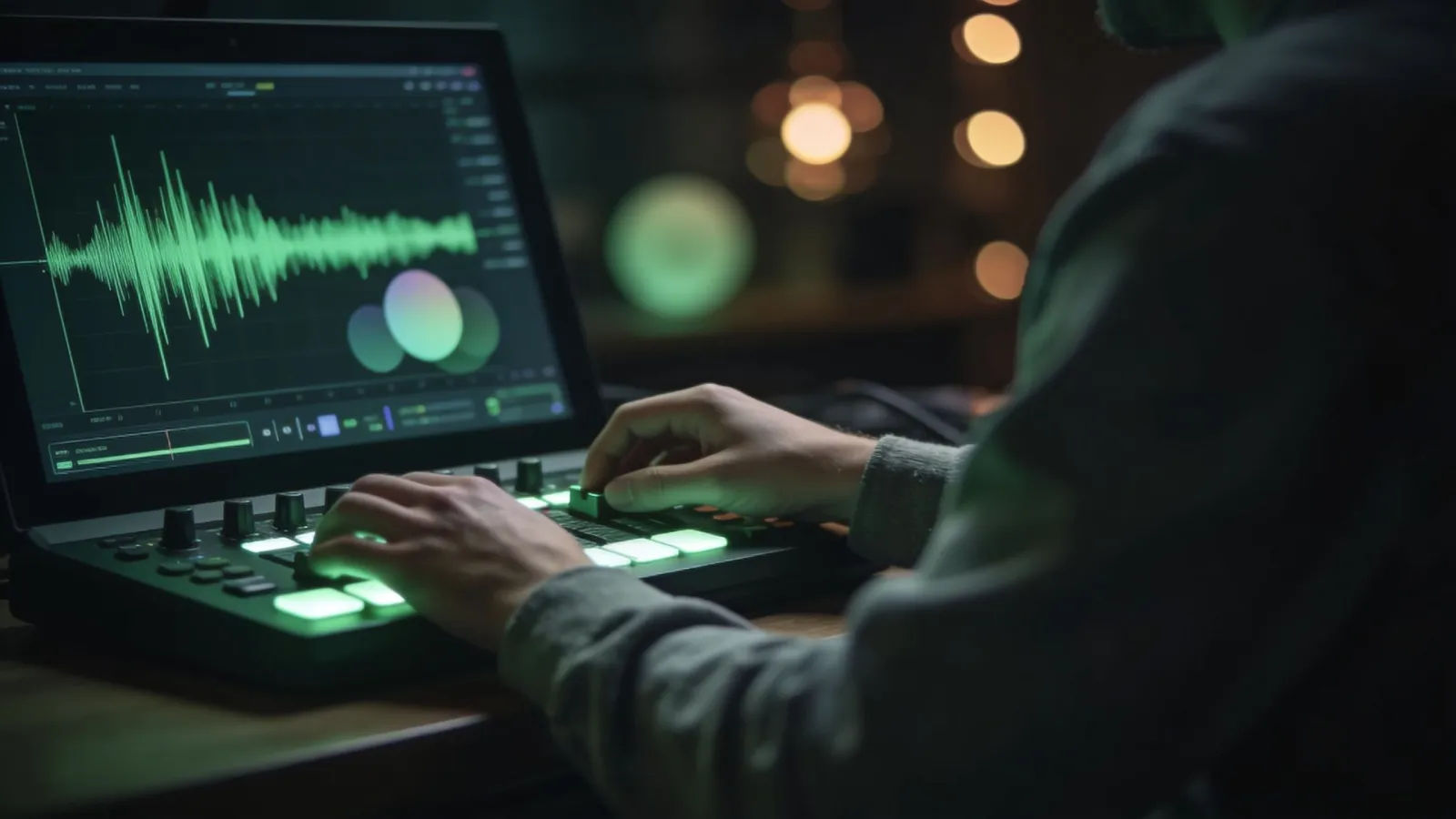 Hands at a console with green audio interface