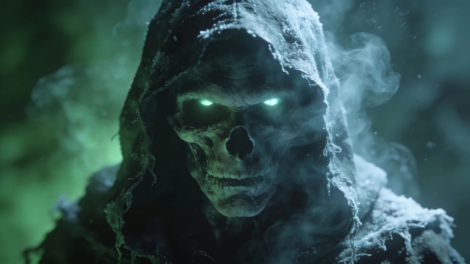 Hooded undead sorcerer wreathed in mist