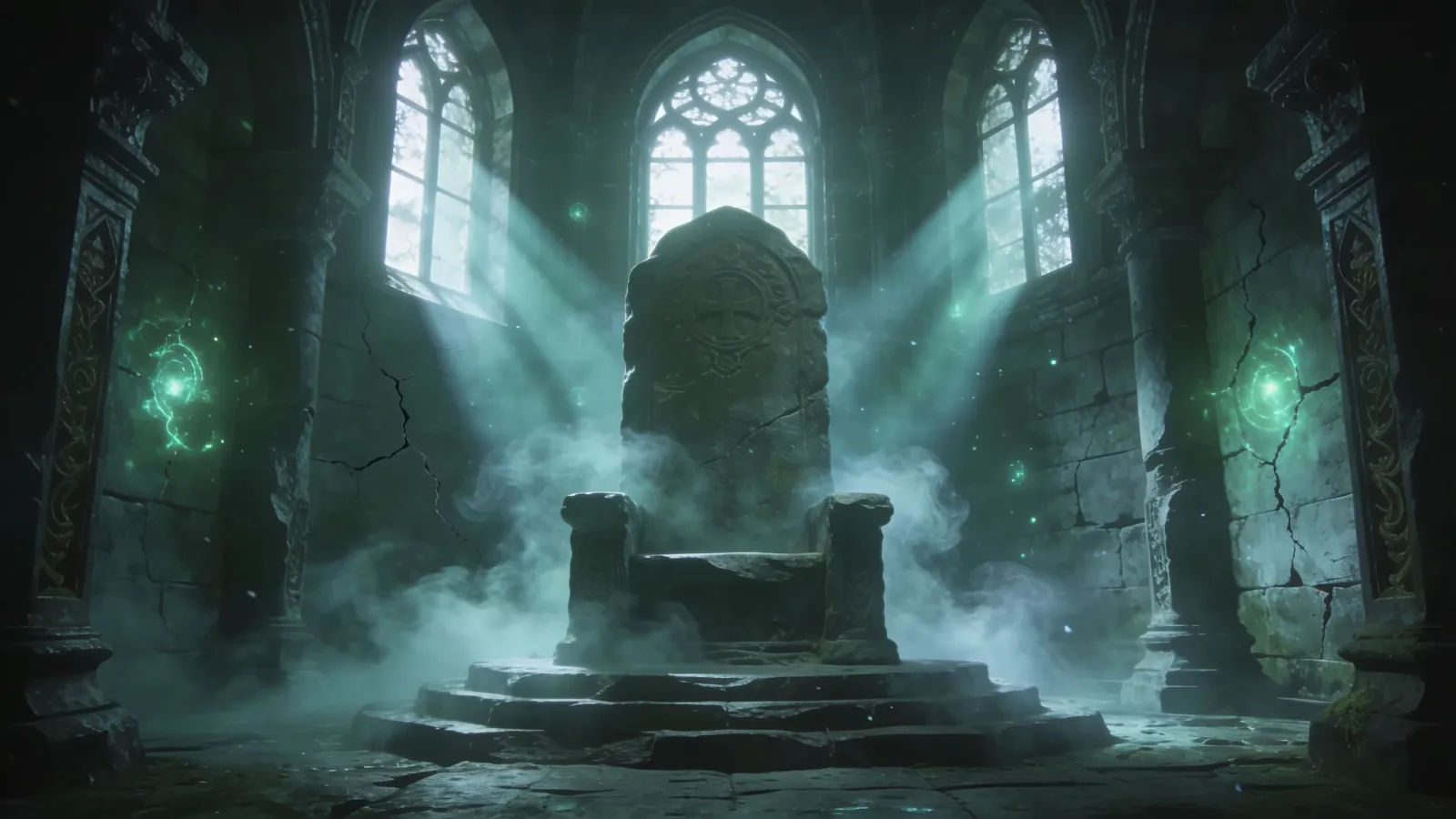 Dim foggy stone crypt throne hall
