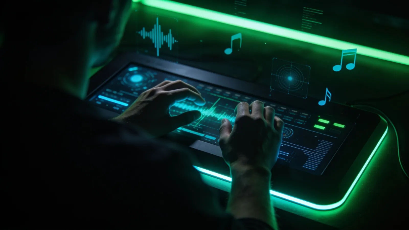 Hands at dark console, eerie green glow