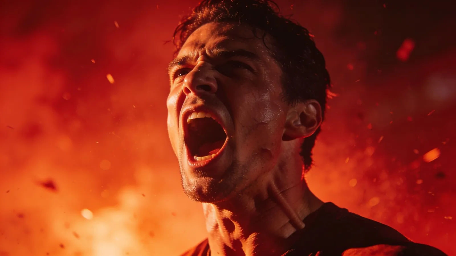 Powerful figure mid-shout under dramatic hard light