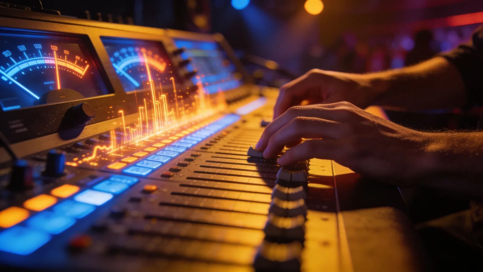Hands at a mixing console with surging audio meters