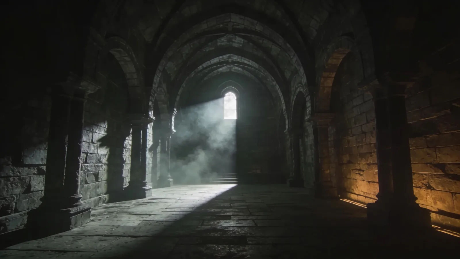 Dark cinematic hall with cold light shaft