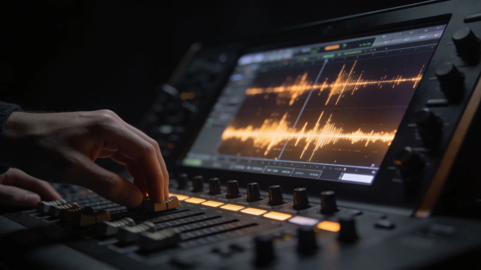 Hands at mixing console with deep waveform