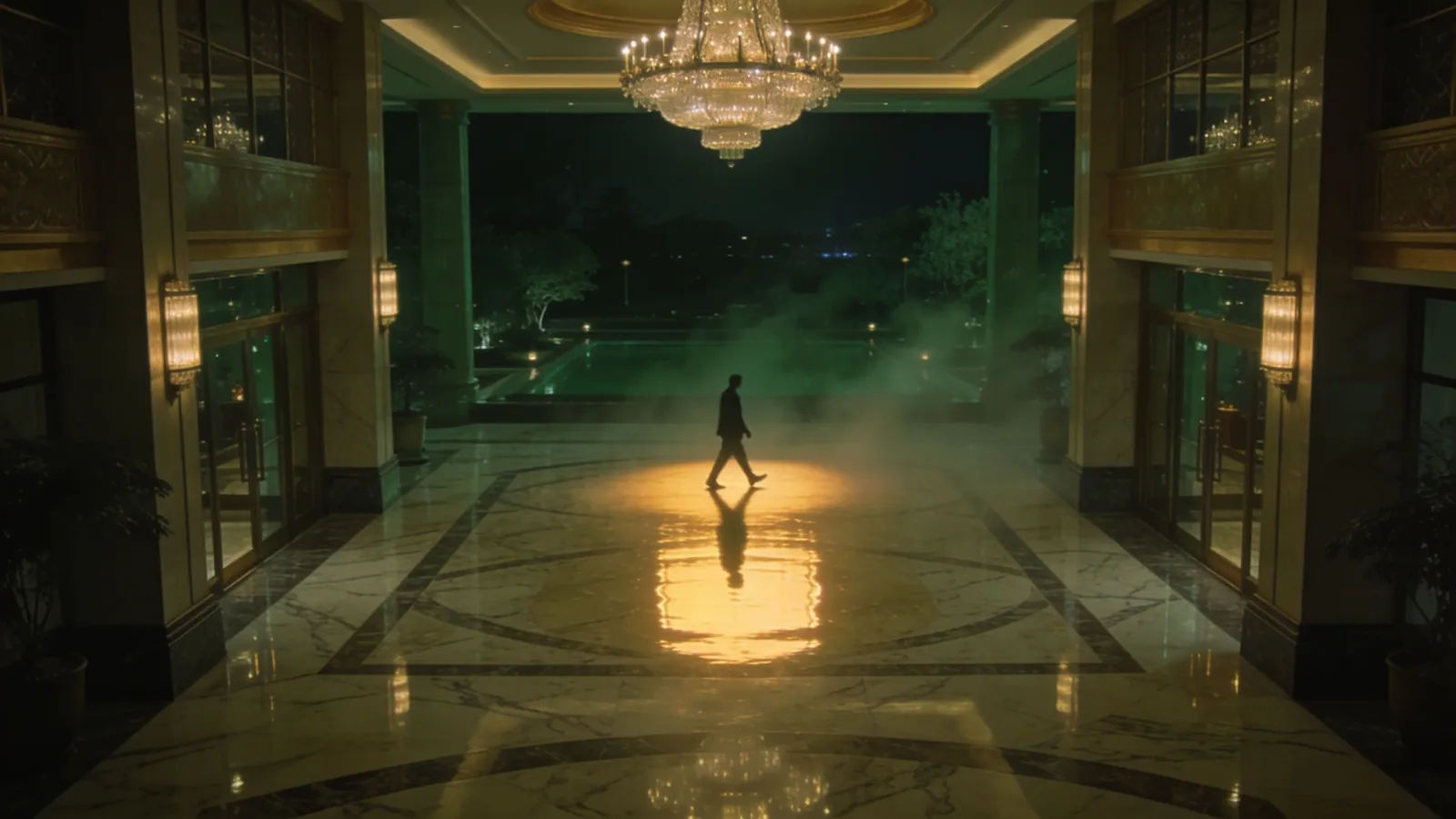 Opulent hotel lobby glowing with chandelier light
