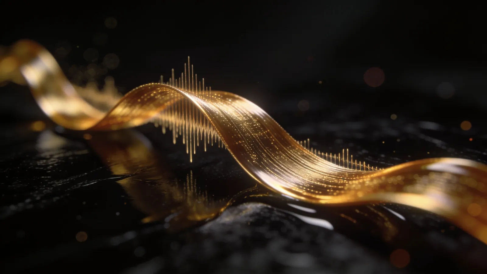 Silky golden soundwave flowing over polished black