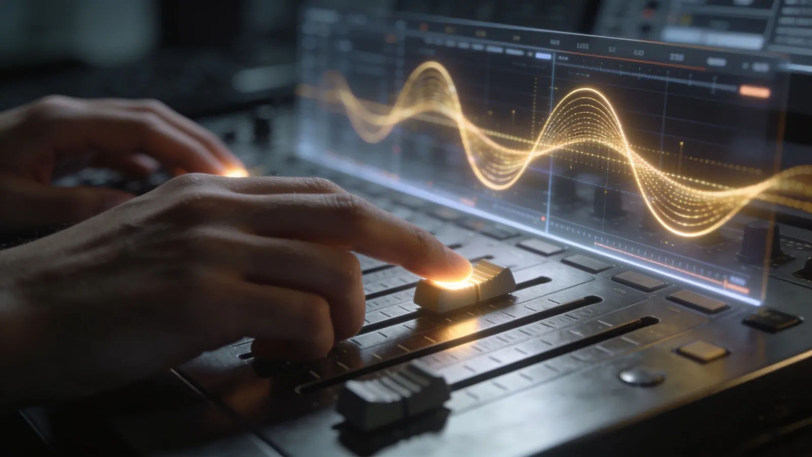 Hands at metal console with gold waveform interface