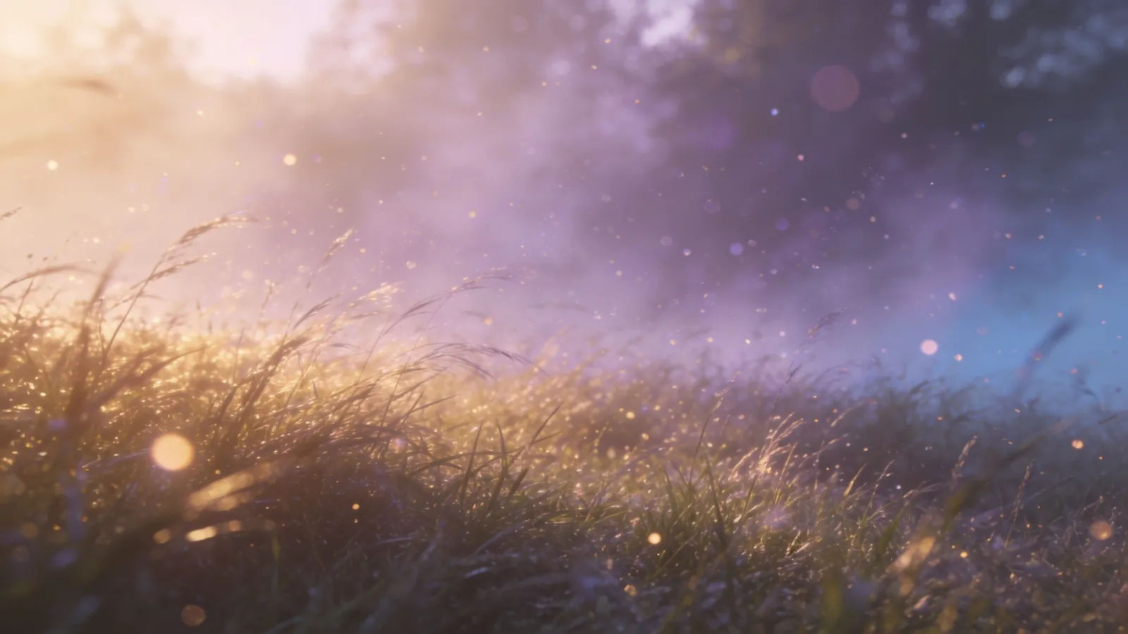 Misty meadow at golden hour with floating light