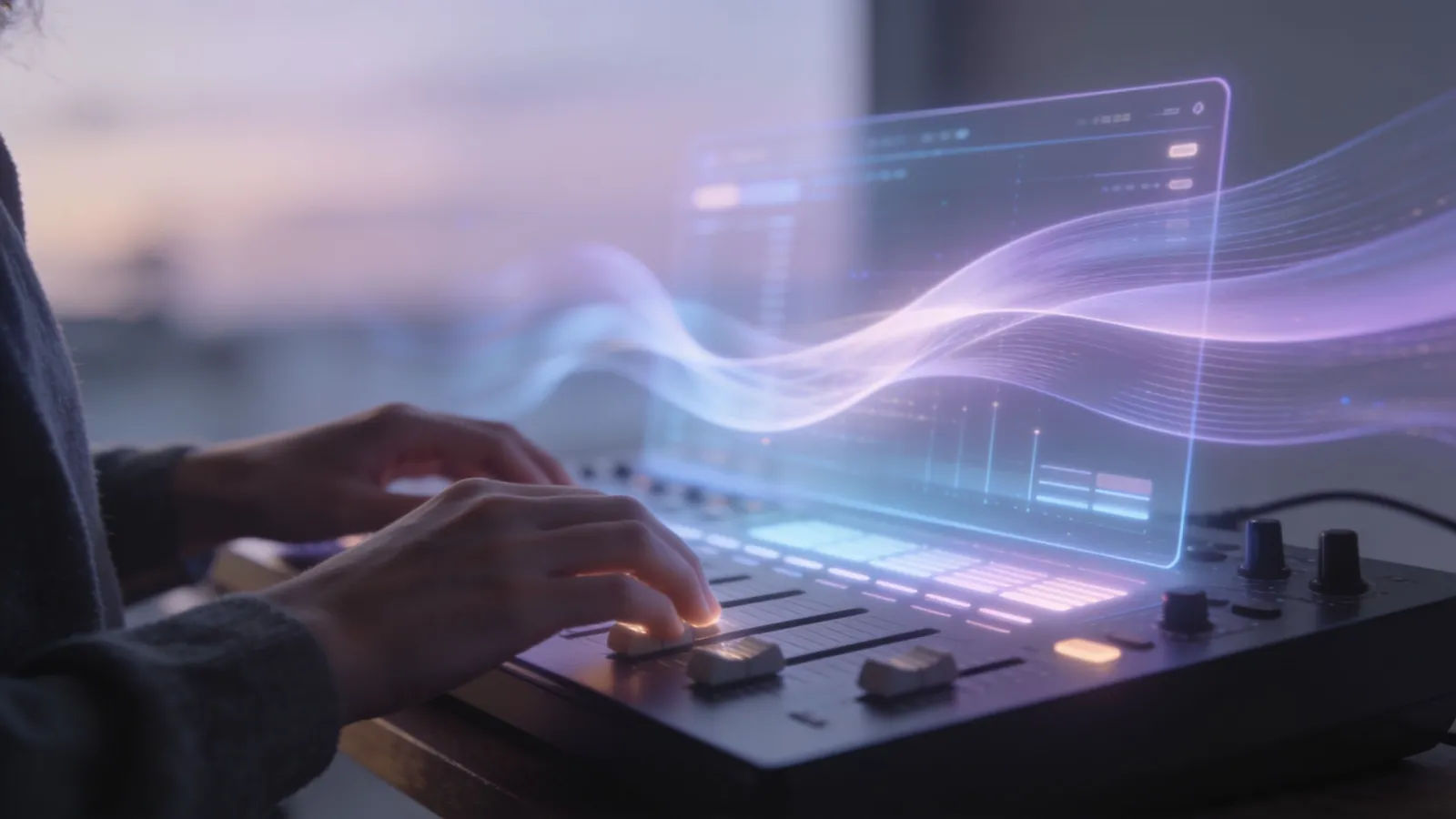 Hands at soft-lit console with gentle glowing interface
