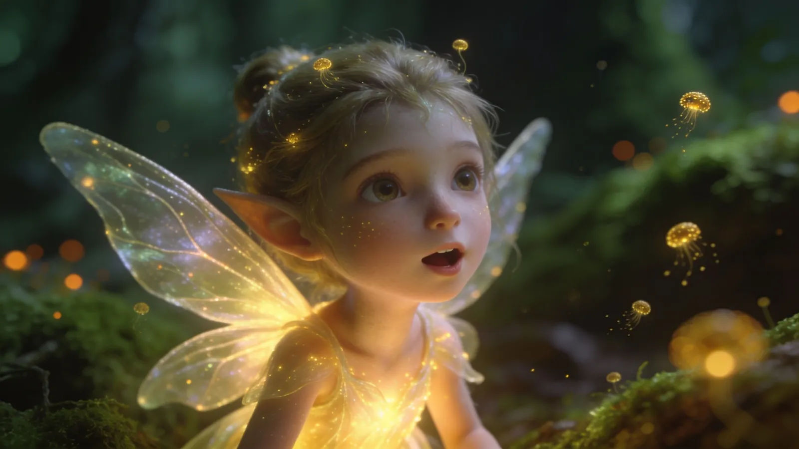 Glowing winged forest sprite speaking, cinematic portrait