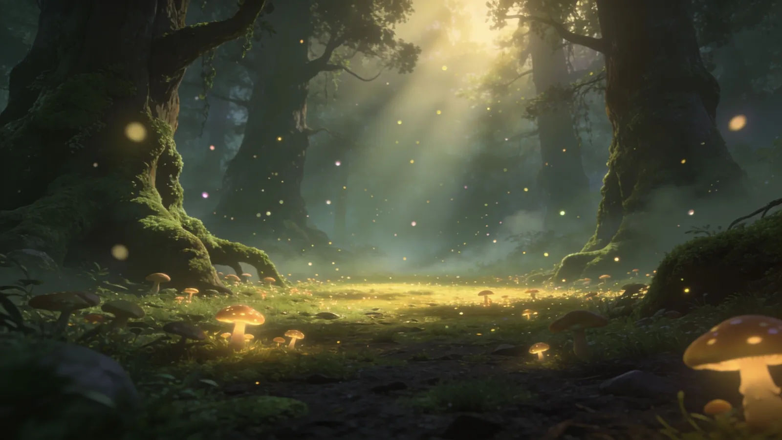 Misty enchanted forest clearing with glowing mushrooms