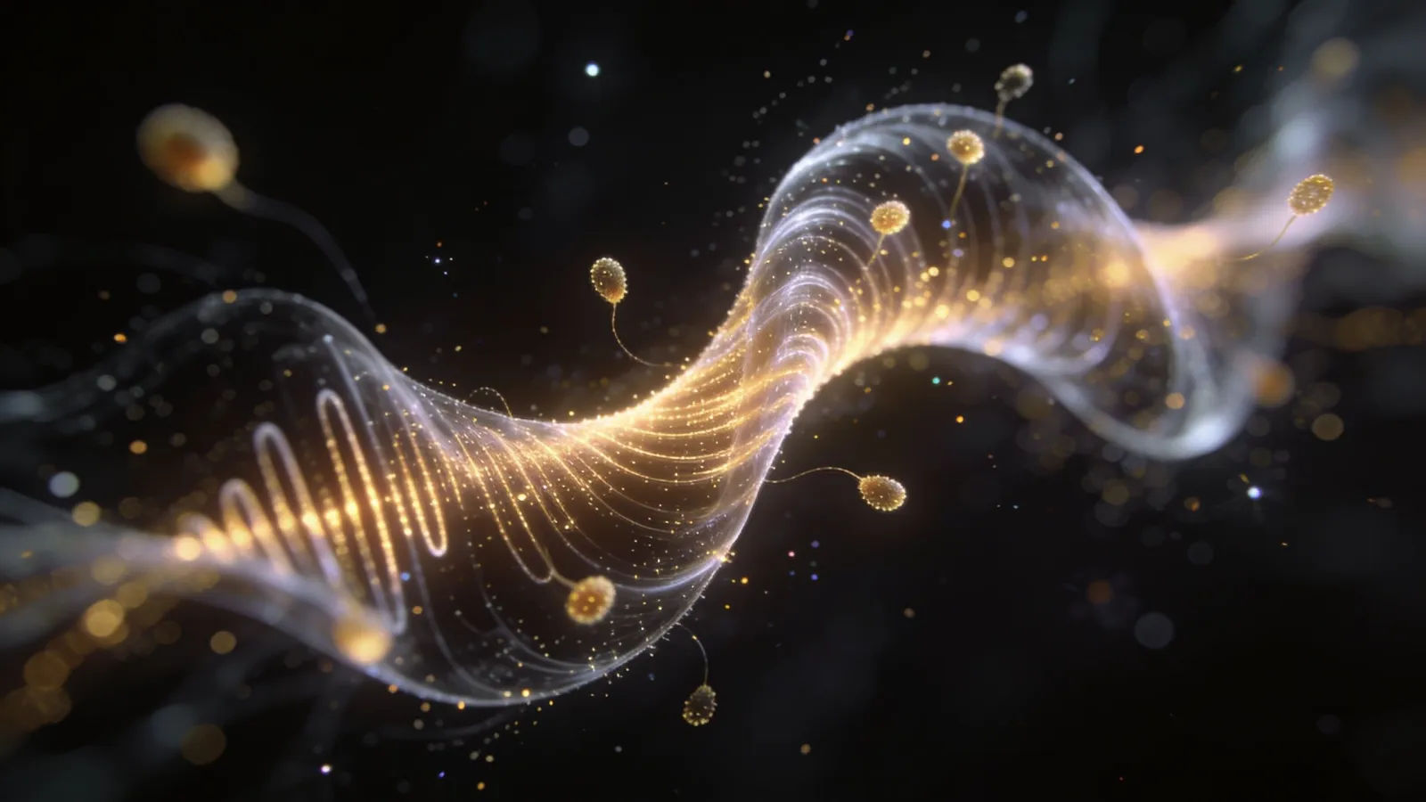 Glowing soundwave ribbon with golden spores in dark