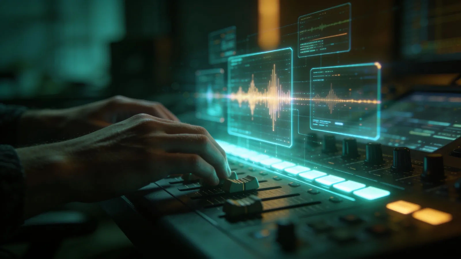 Creator hands at console with fantasy audio interface