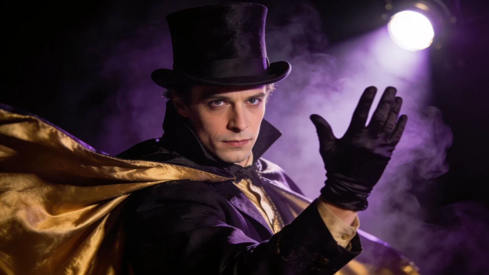 Stage magician in top hat and cape mid-flourish