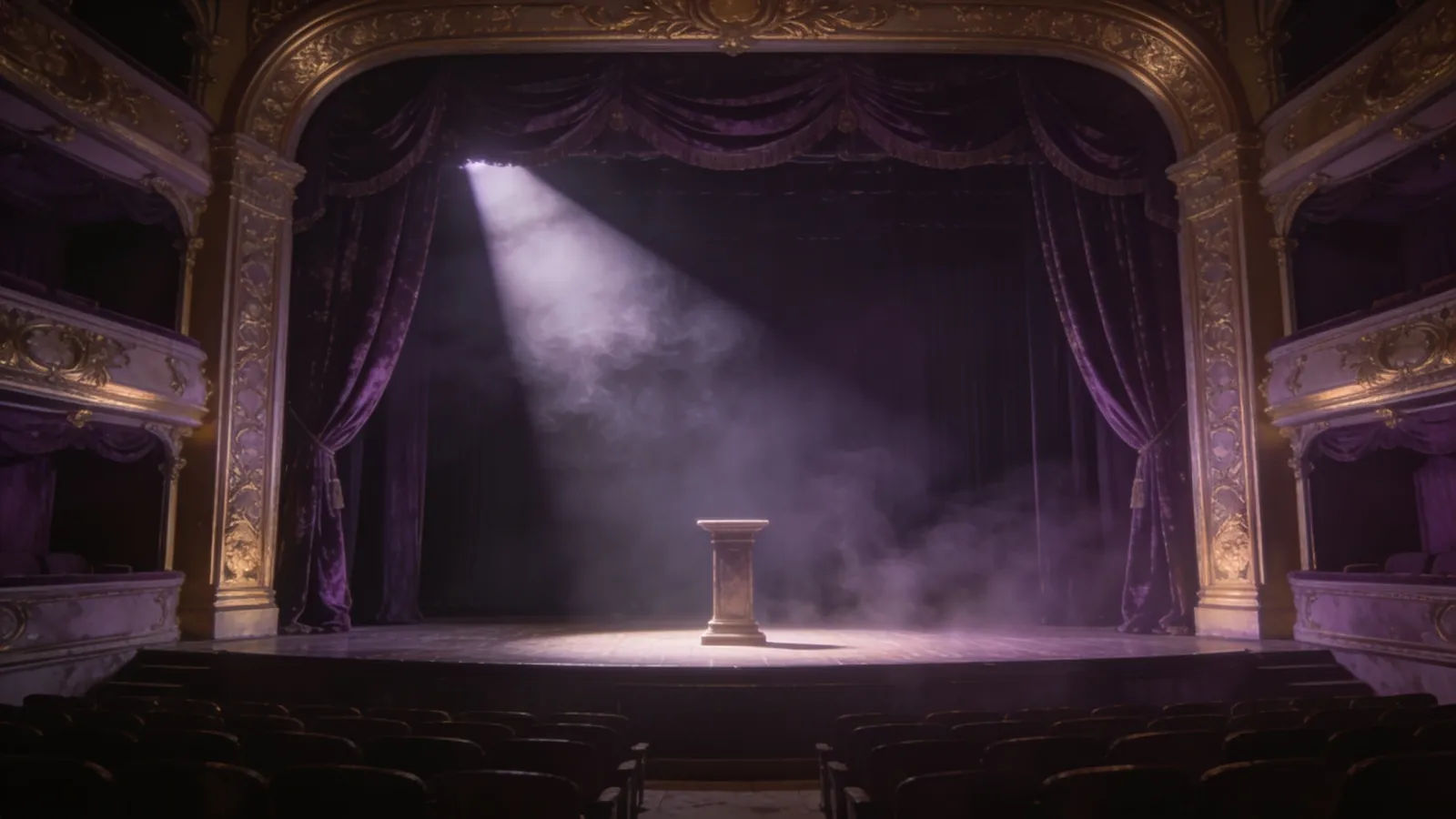 Ornate empty theater stage with velvet curtains and haze