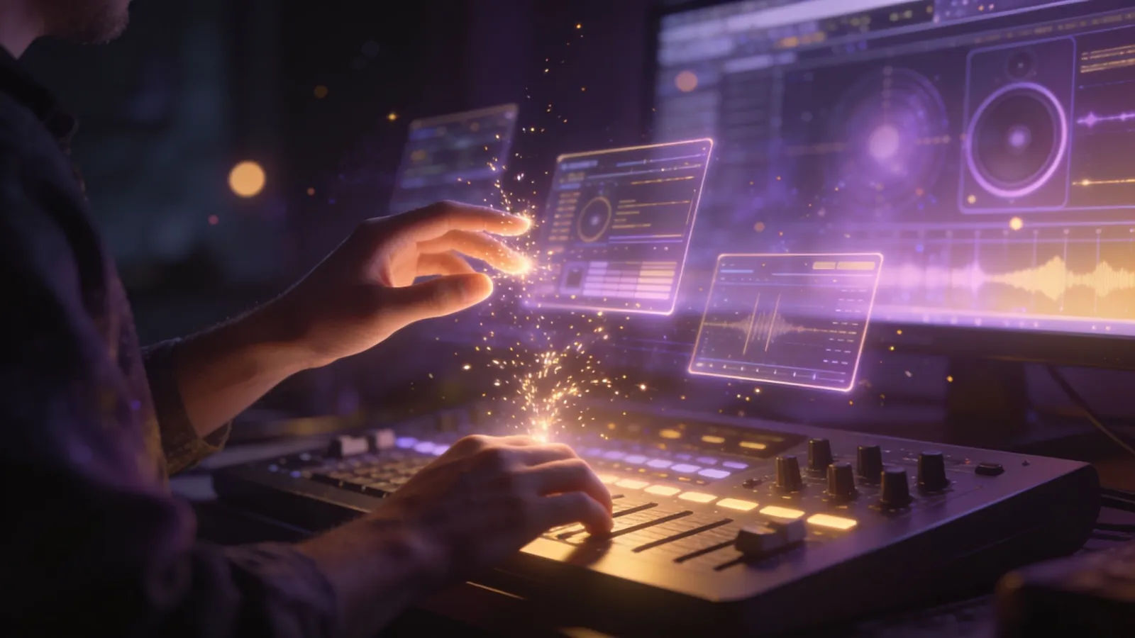 Hands conjuring floating audio UI with glowing sparks