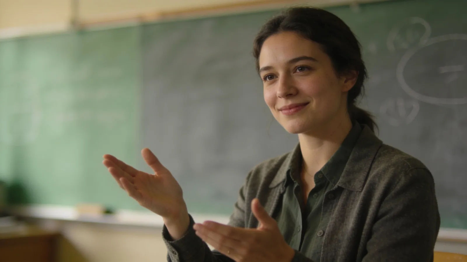 Patient teacher gesturing in warm classroom light