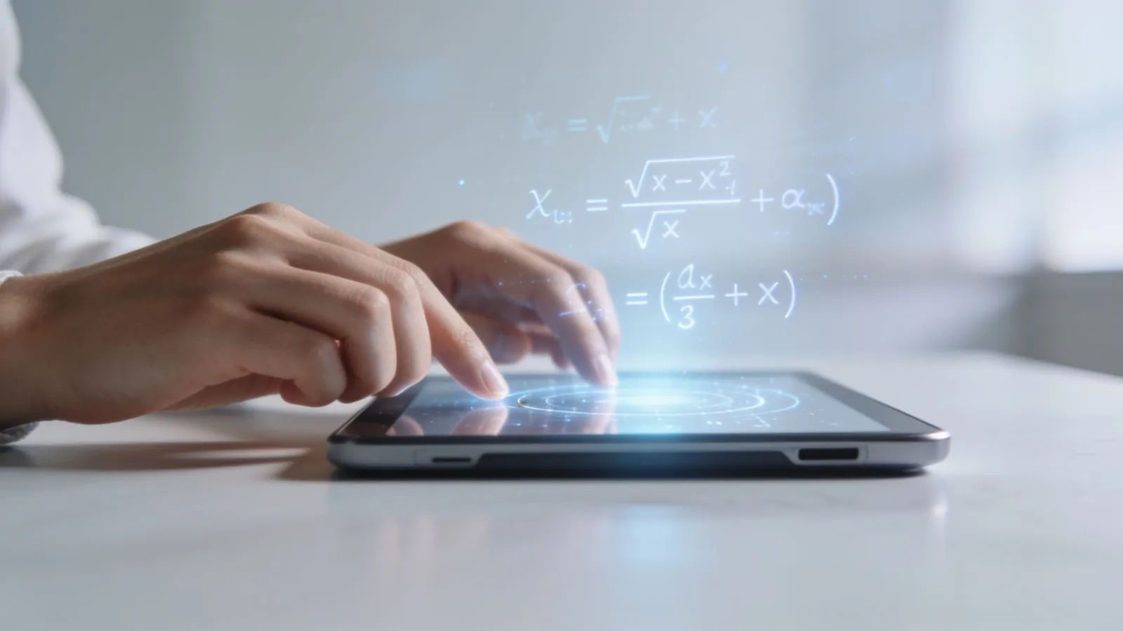 Hands at e-learning console with glowing interface