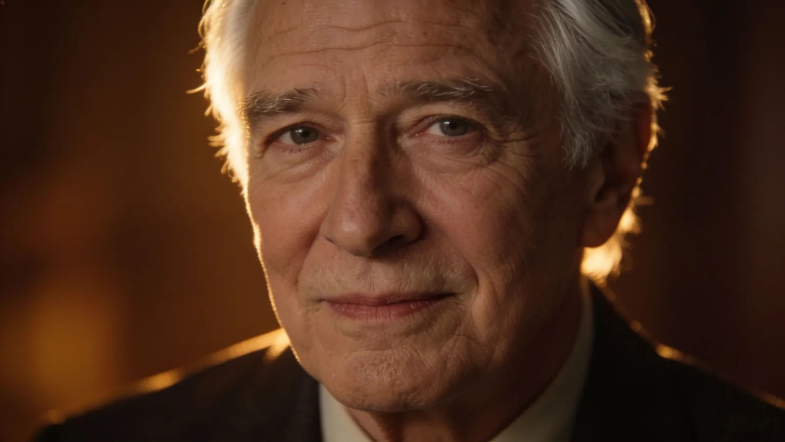 Seasoned silver-haired narrator in warm light