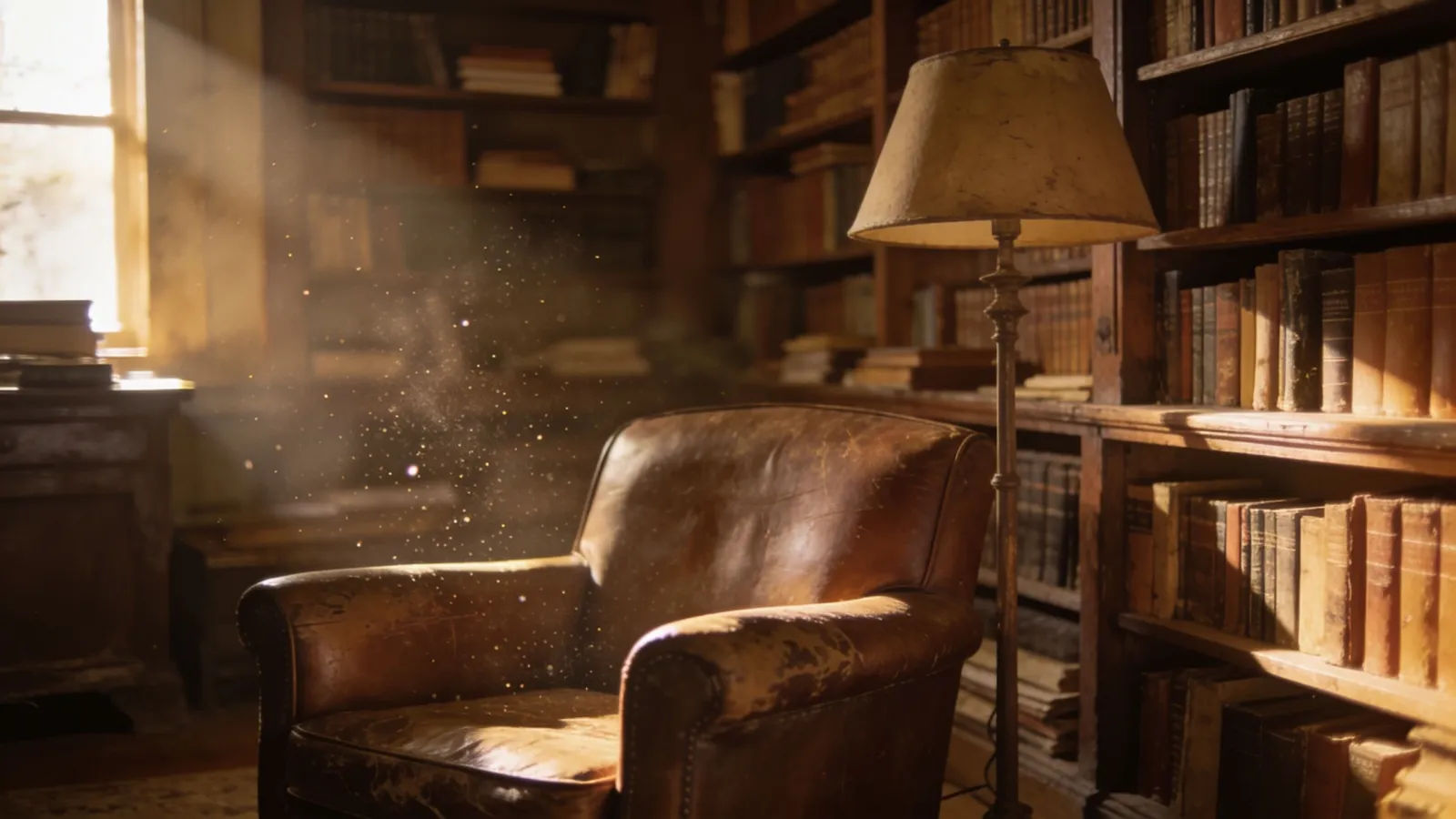 Book-lined study with leather armchair at golden hour