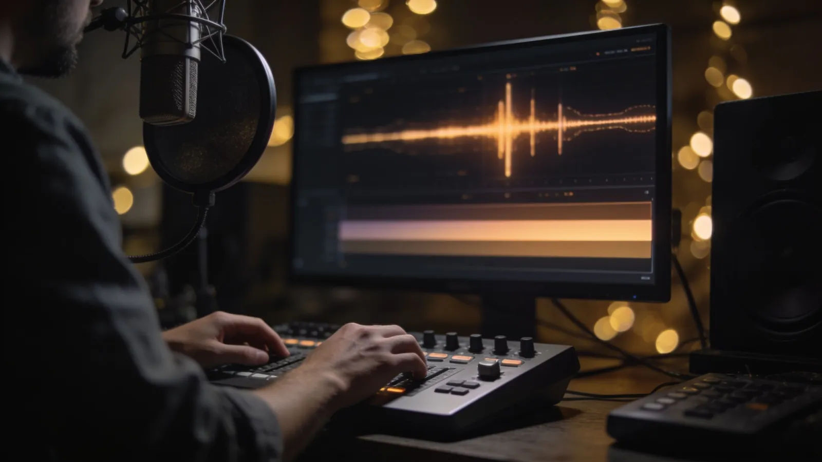 Hands at a console beside a studio pop filter