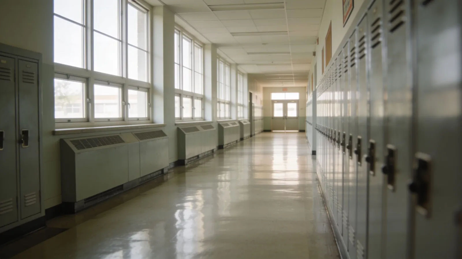 Empty high-school hallway lined with lockers, daylight