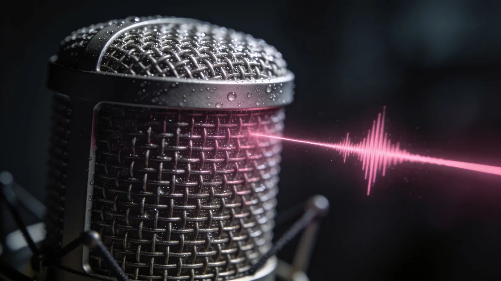 Studio microphone with sharp pink soundwave glow