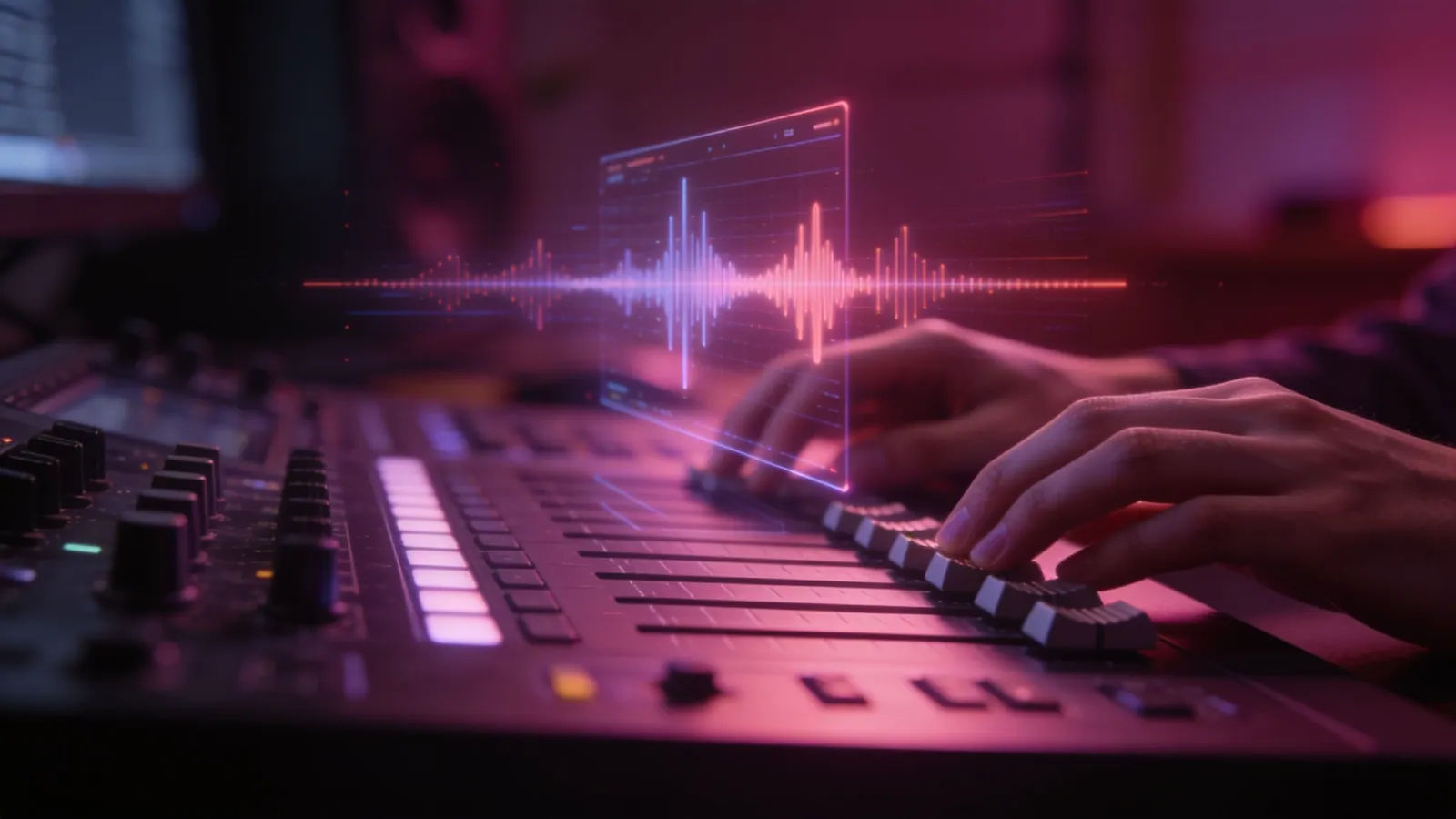 Creator hands at console with magenta audio interface