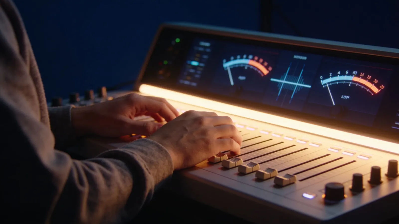 Hands at console with balanced audio meters