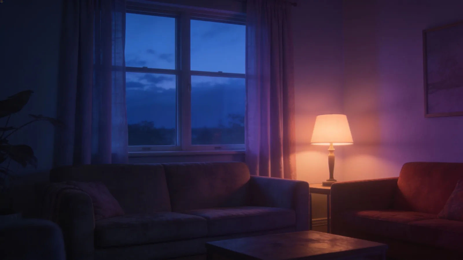 Cozy dim late-night lounge at dusk with lamp glow