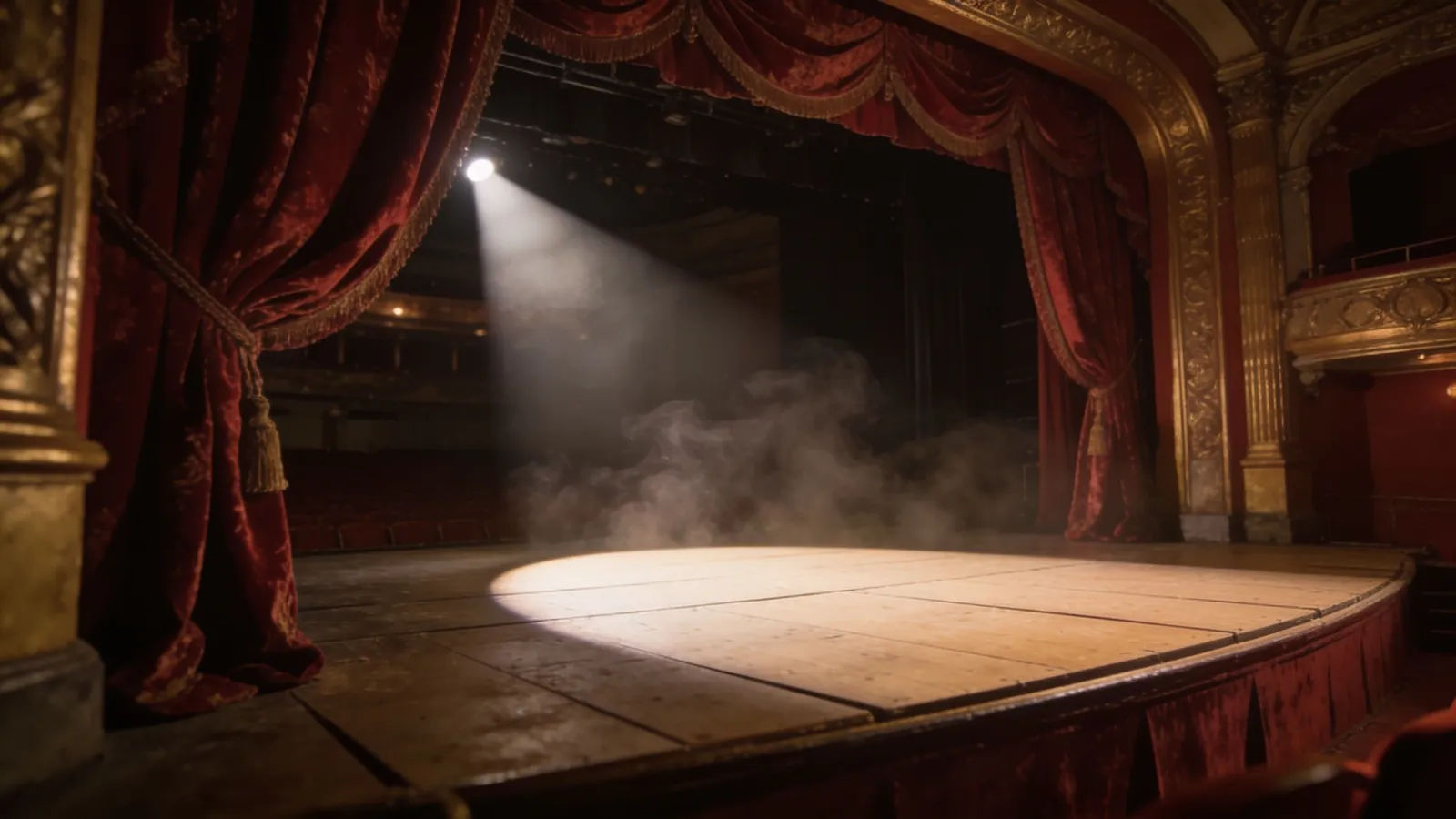 Old theatre stage with parting velvet curtains spotlight