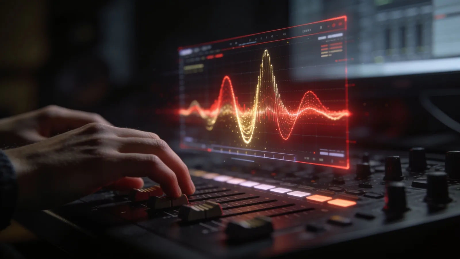 Hands at console with dramatic red waveform peaks