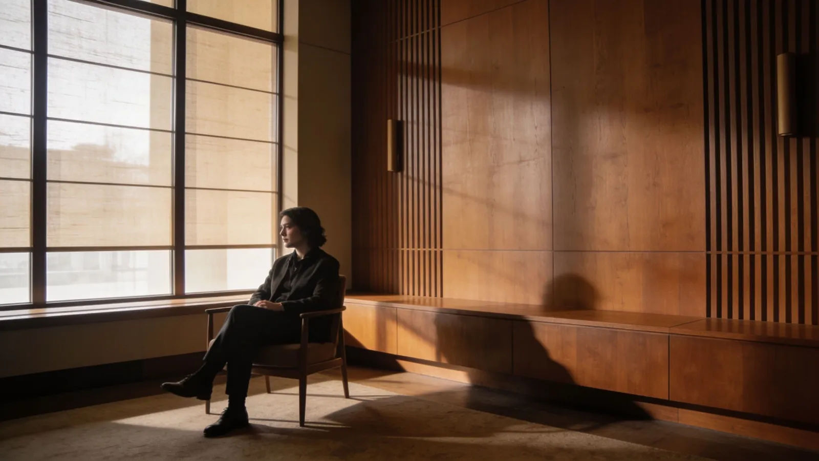 Refined brand-film interior with figure seated calmly