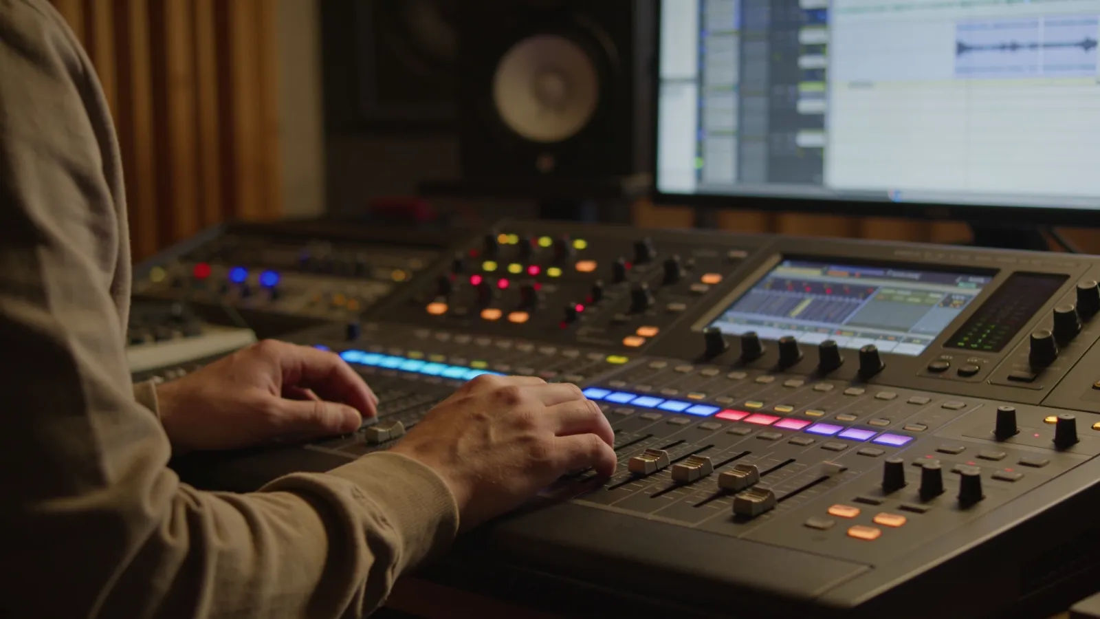 Hands at studio console with glowing audio interface